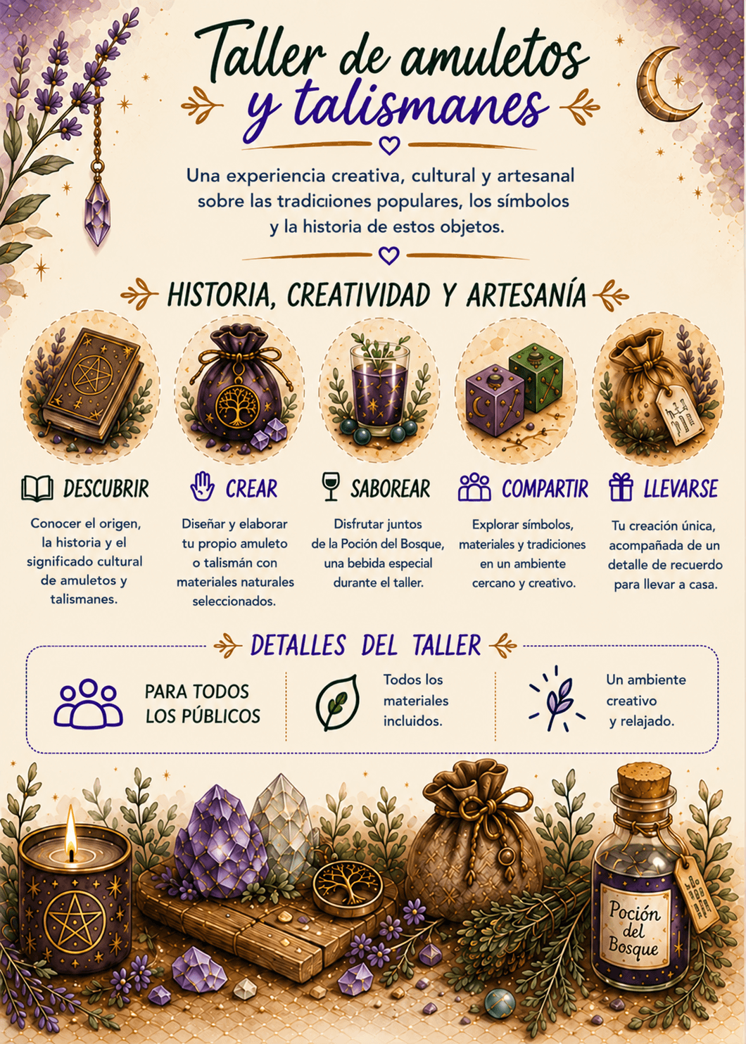 Cartel del taller de amuletos y talismanes para todos los públicos, con enfoque cultural y artesanal.